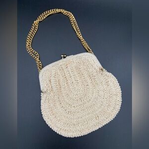 Cream Evening Bag with Gold Chain and Snap Closure